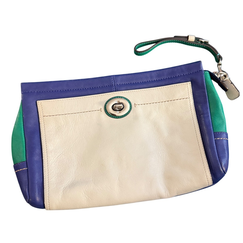 Coach Colorblock Leather Wristlet Pouch Clutch‎ Navy Green Cream